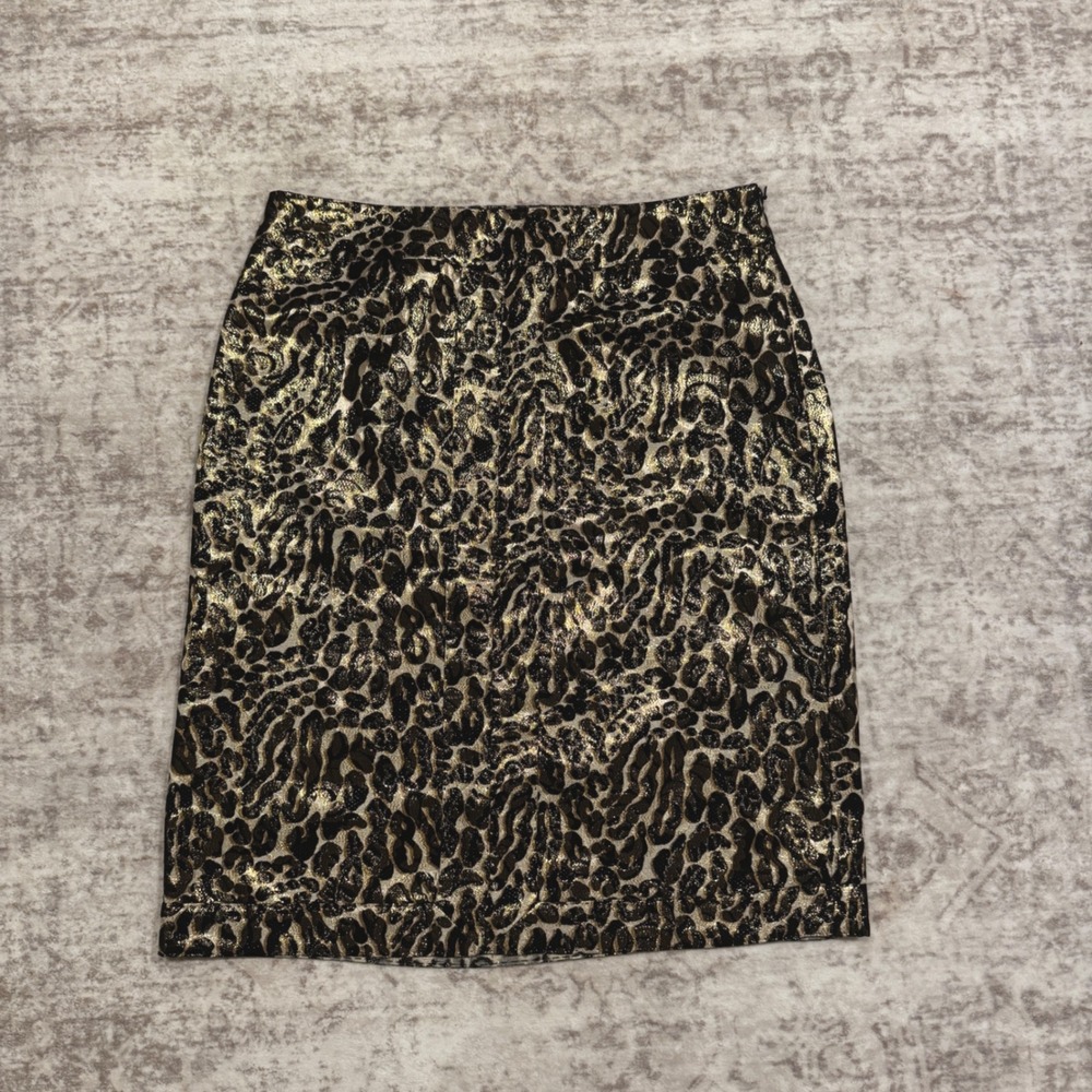Tory Burch Isis Skirt Ivory Cheetah Gold Metallic Silk Blend Pencil Skirt 10 New